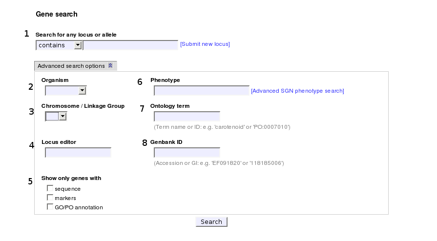 screenshot of gene search form